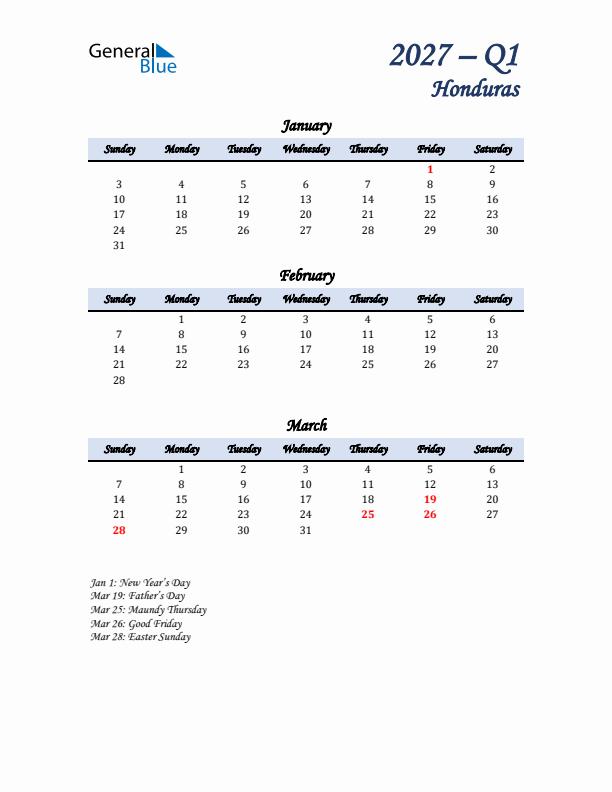 January, February, and March Calendar for Honduras with Sunday Start