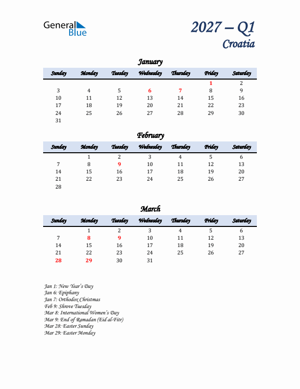 January, February, and March Calendar for Croatia with Sunday Start