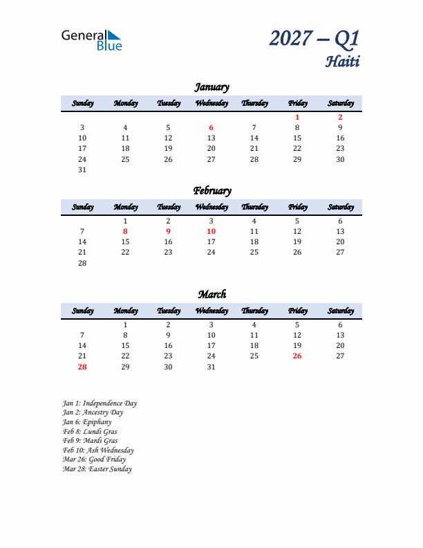 January, February, and March Calendar for Haiti with Sunday Start