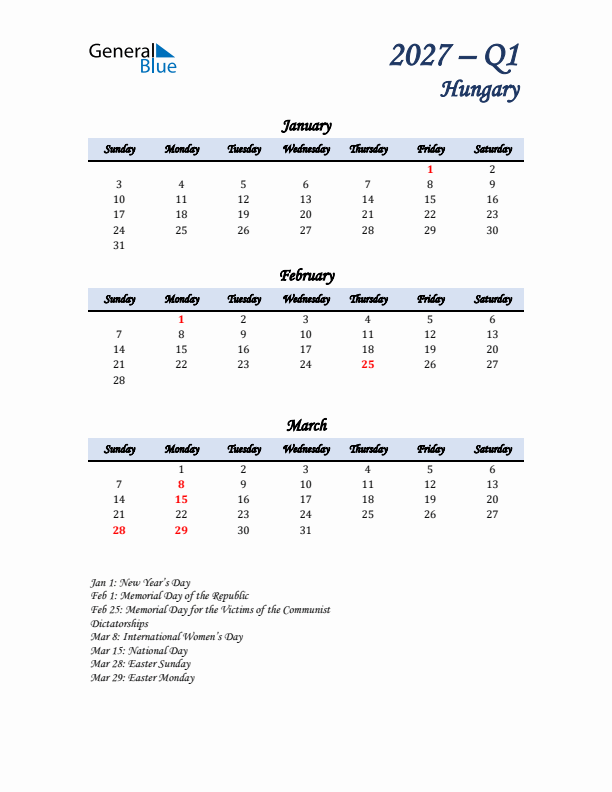 January, February, and March Calendar for Hungary with Sunday Start