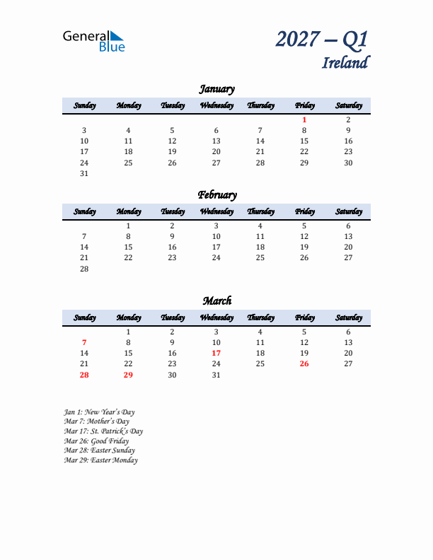 January, February, and March Calendar for Ireland with Sunday Start