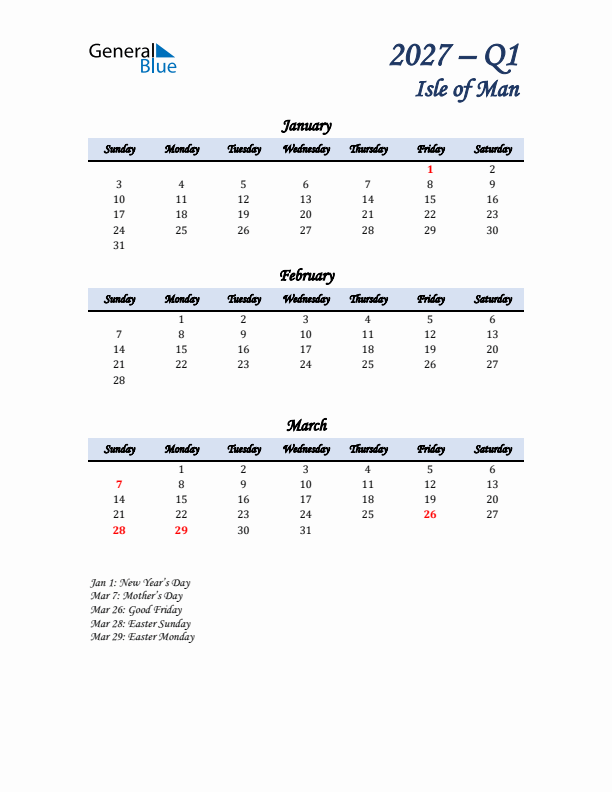 January, February, and March Calendar for Isle of Man with Sunday Start