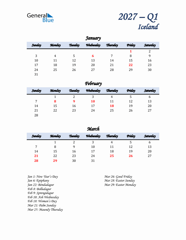 January, February, and March Calendar for Iceland with Sunday Start