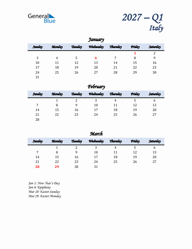 January, February, and March Calendar for Italy with Sunday Start