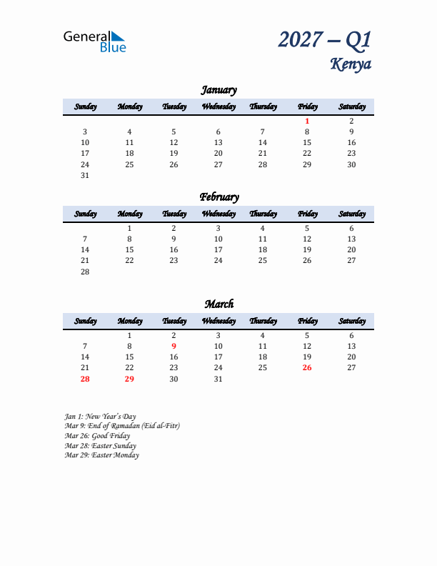 January, February, and March Calendar for Kenya with Sunday Start