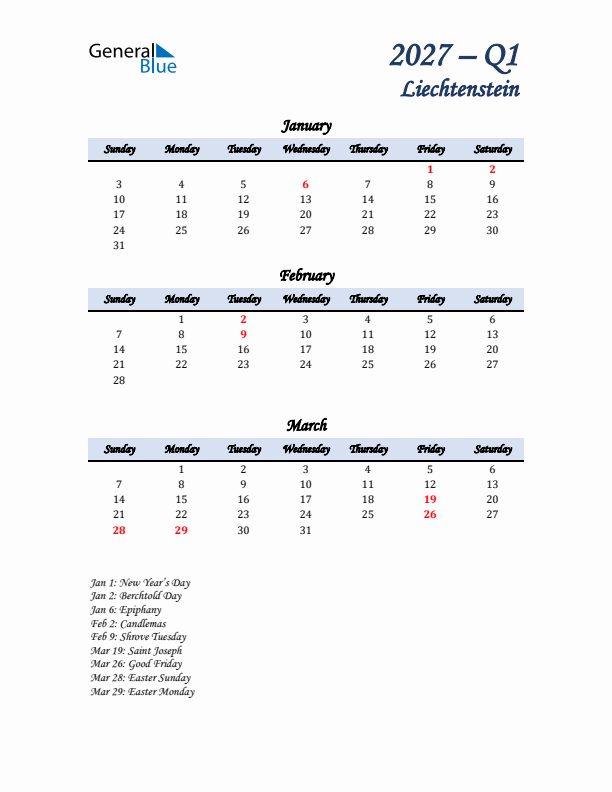 January, February, and March Calendar for Liechtenstein with Sunday Start