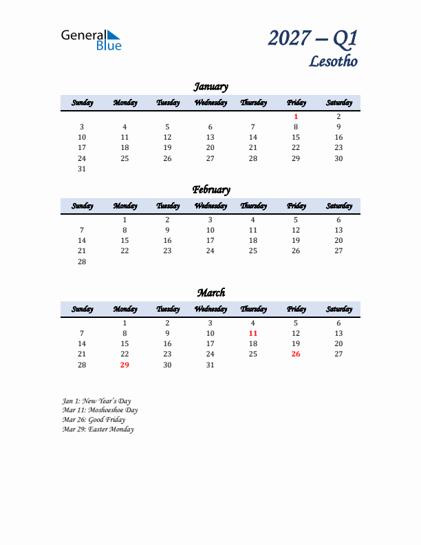 January, February, and March Calendar for Lesotho with Sunday Start