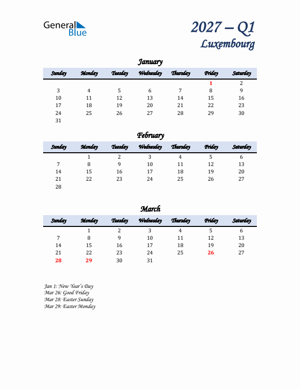 January, February, and March Calendar for Luxembourg with Sunday Start