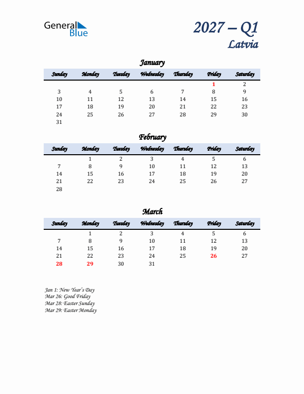 January, February, and March Calendar for Latvia with Sunday Start