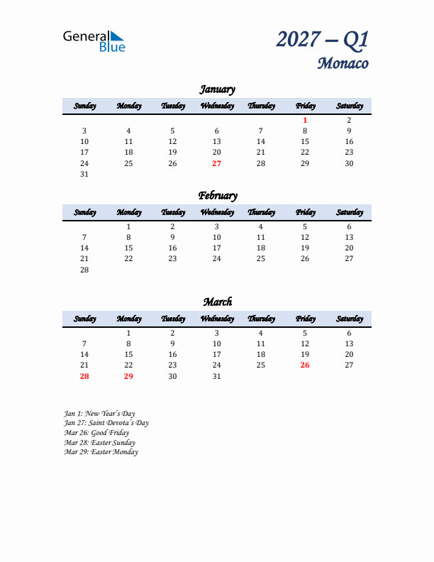 January, February, and March Calendar for Monaco with Sunday Start