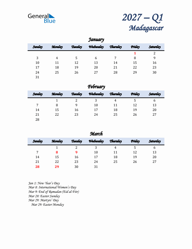 January, February, and March Calendar for Madagascar with Sunday Start