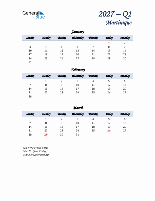 January, February, and March Calendar for Martinique with Sunday Start