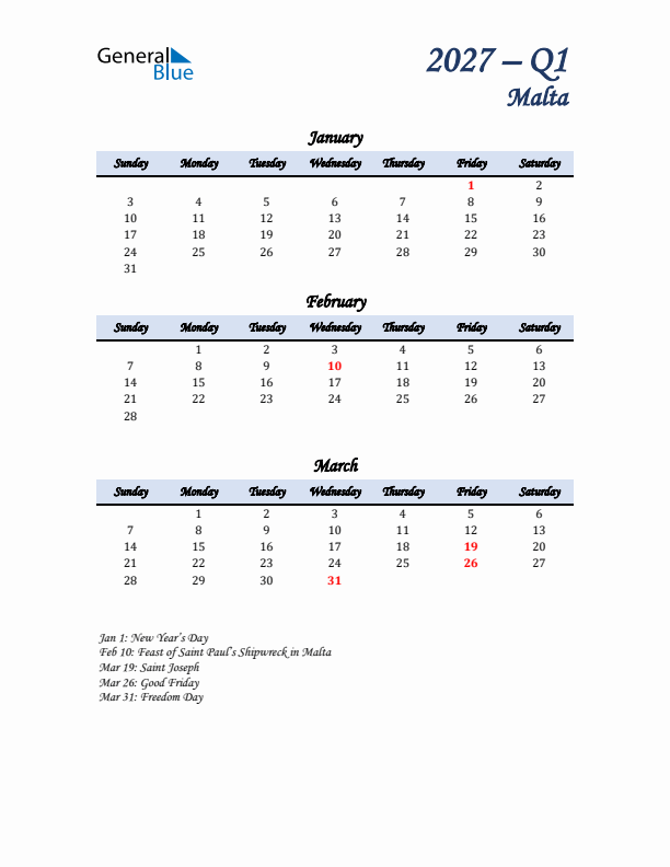 January, February, and March Calendar for Malta with Sunday Start