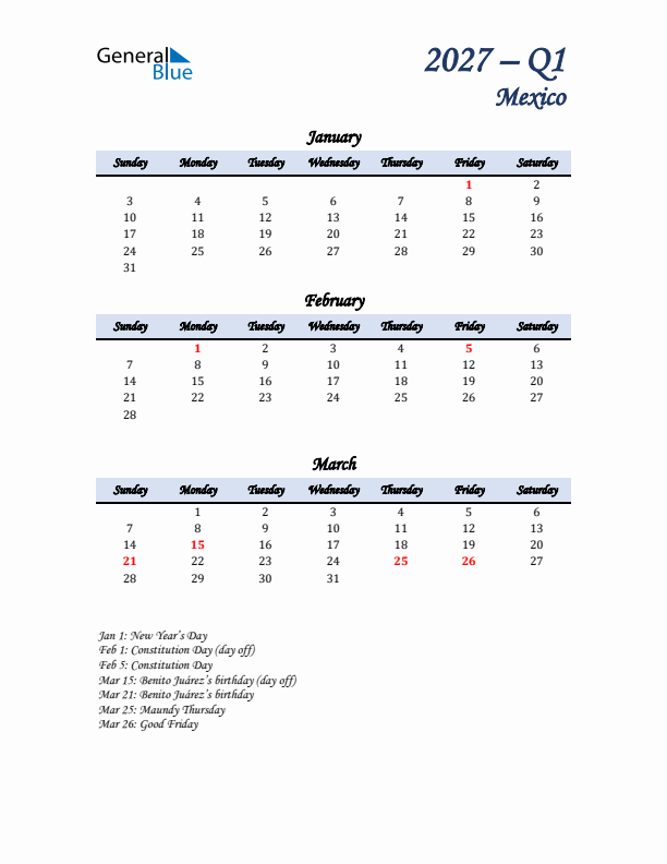 January, February, and March Calendar for Mexico with Sunday Start