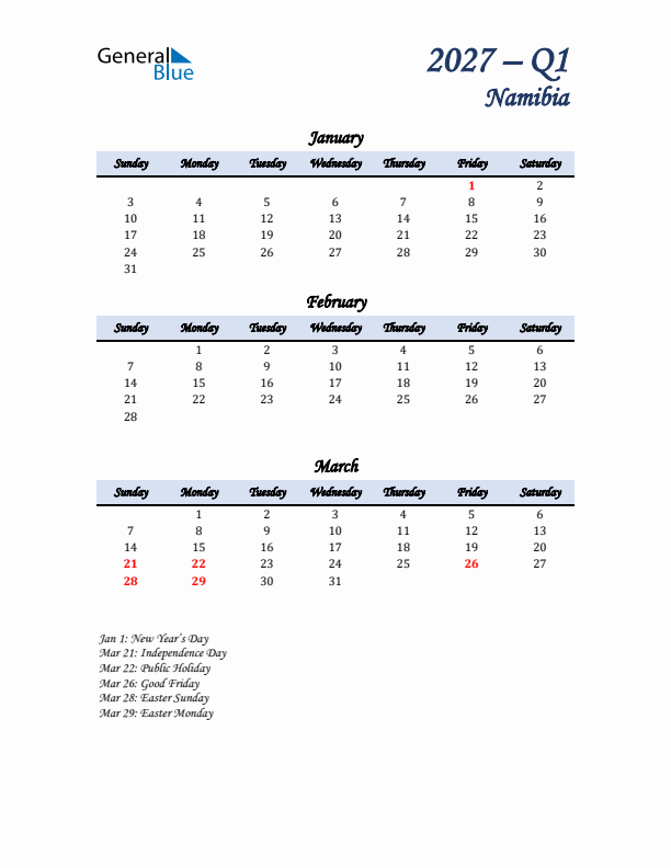 January, February, and March Calendar for Namibia with Sunday Start