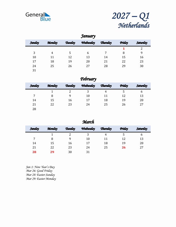 January, February, and March Calendar for The Netherlands with Sunday Start