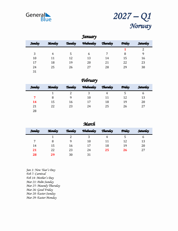 January, February, and March Calendar for Norway with Sunday Start