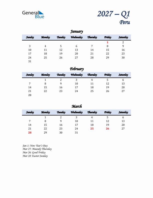 January, February, and March Calendar for Peru with Sunday Start