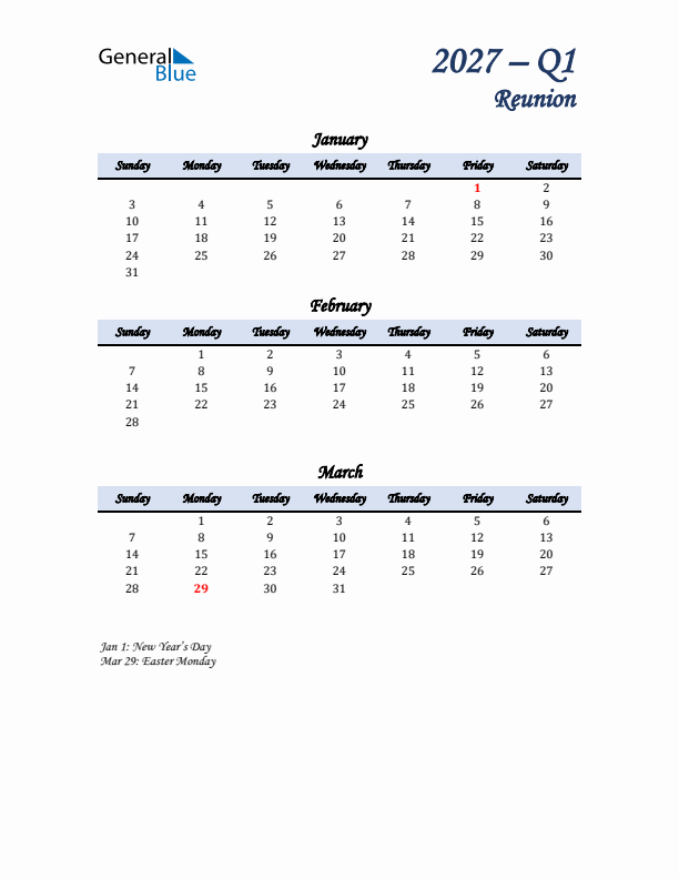 January, February, and March Calendar for Reunion with Sunday Start