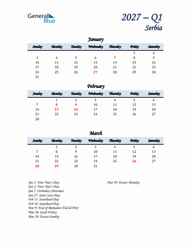 January, February, and March Calendar for Serbia with Sunday Start