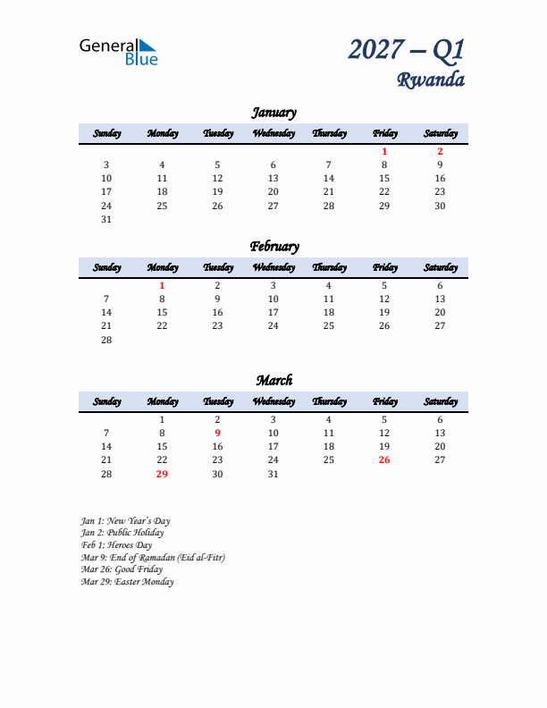 January, February, and March Calendar for Rwanda with Sunday Start