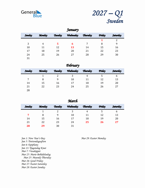 January, February, and March Calendar for Sweden with Sunday Start