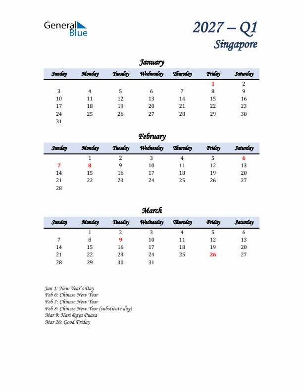 January, February, and March Calendar for Singapore with Sunday Start