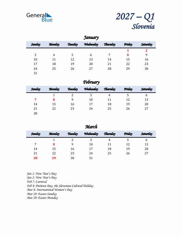 January, February, and March Calendar for Slovenia with Sunday Start