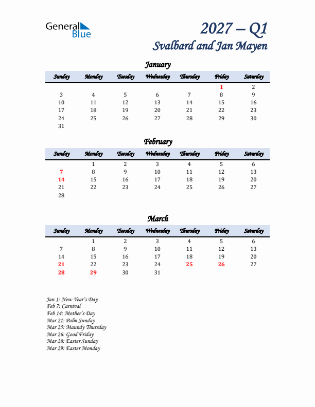 January, February, and March Calendar for Svalbard and Jan Mayen with Sunday Start