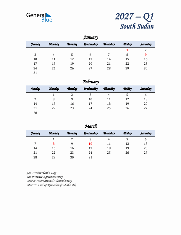 January, February, and March Calendar for South Sudan with Sunday Start