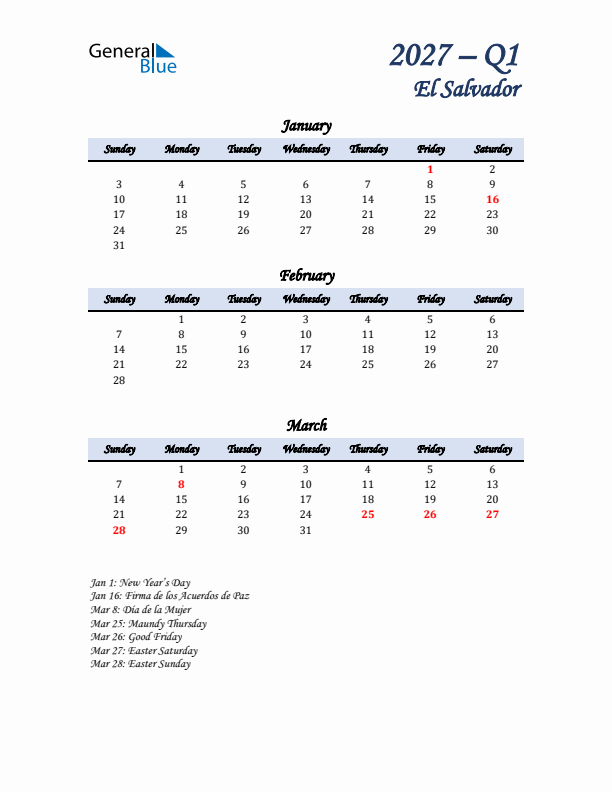 January, February, and March Calendar for El Salvador with Sunday Start