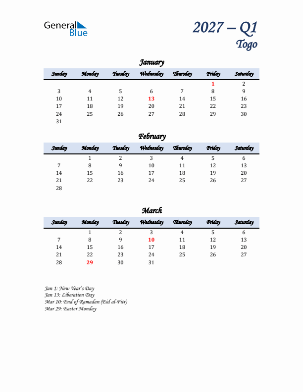 January, February, and March Calendar for Togo with Sunday Start