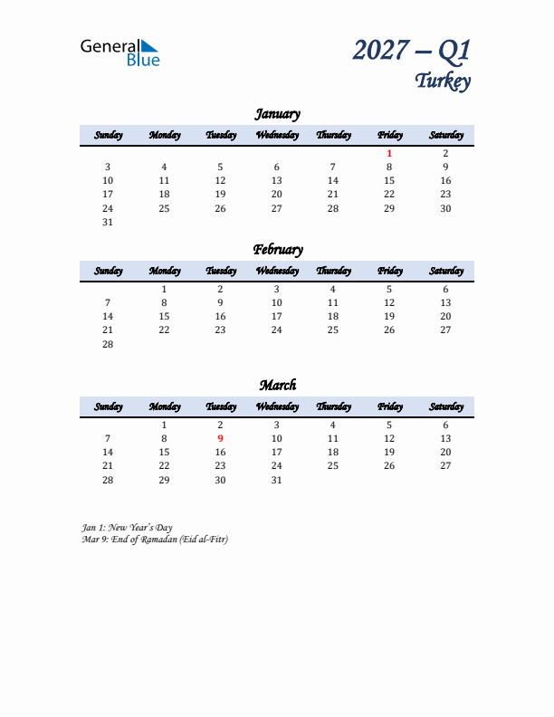 January, February, and March Calendar for Turkey with Sunday Start