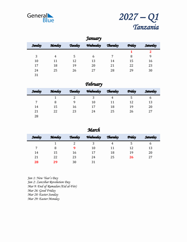 January, February, and March Calendar for Tanzania with Sunday Start