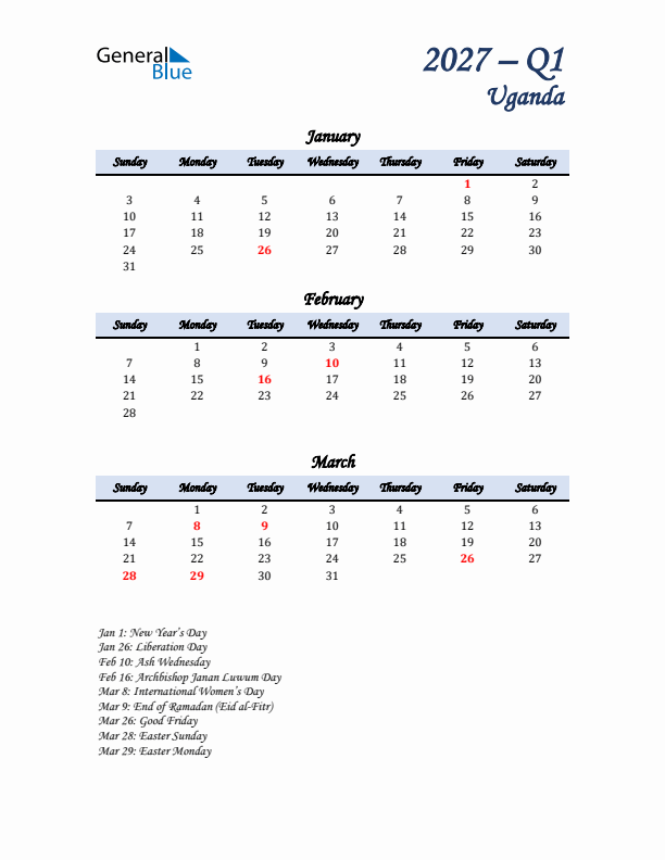 January, February, and March Calendar for Uganda with Sunday Start