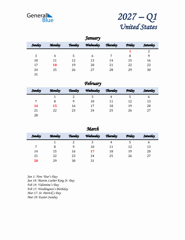 January, February, and March Calendar for United States with Sunday Start