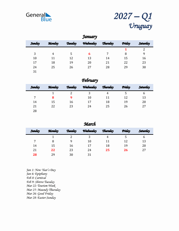 January, February, and March Calendar for Uruguay with Sunday Start