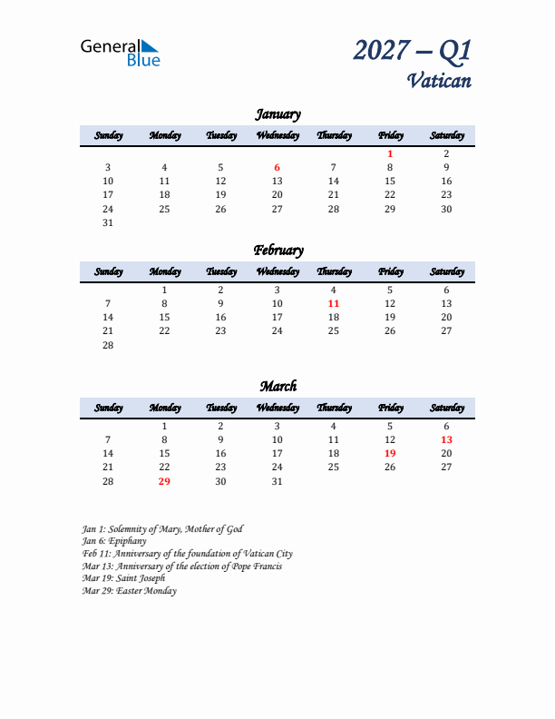 January, February, and March Calendar for Vatican with Sunday Start