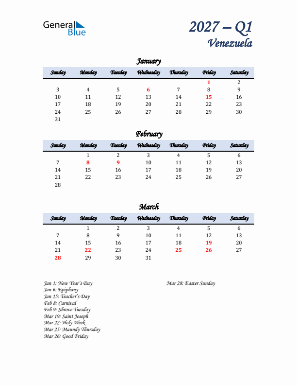 January, February, and March Calendar for Venezuela with Sunday Start