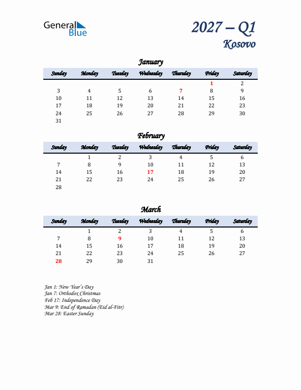 January, February, and March Calendar for Kosovo with Sunday Start