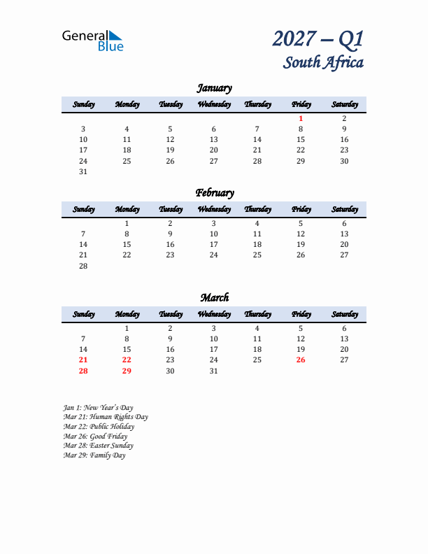 January, February, and March Calendar for South Africa with Sunday Start