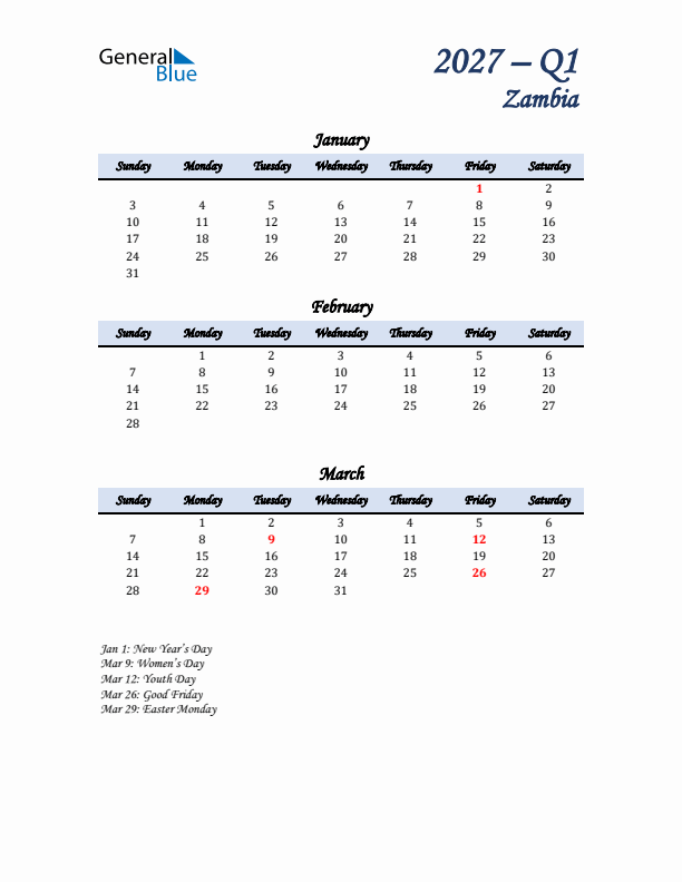 January, February, and March Calendar for Zambia with Sunday Start