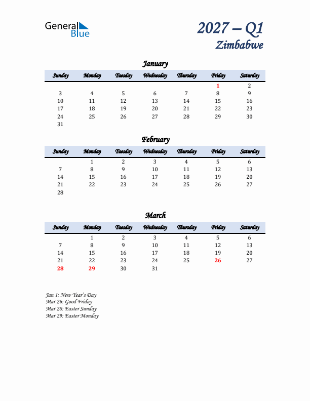 January, February, and March Calendar for Zimbabwe with Sunday Start