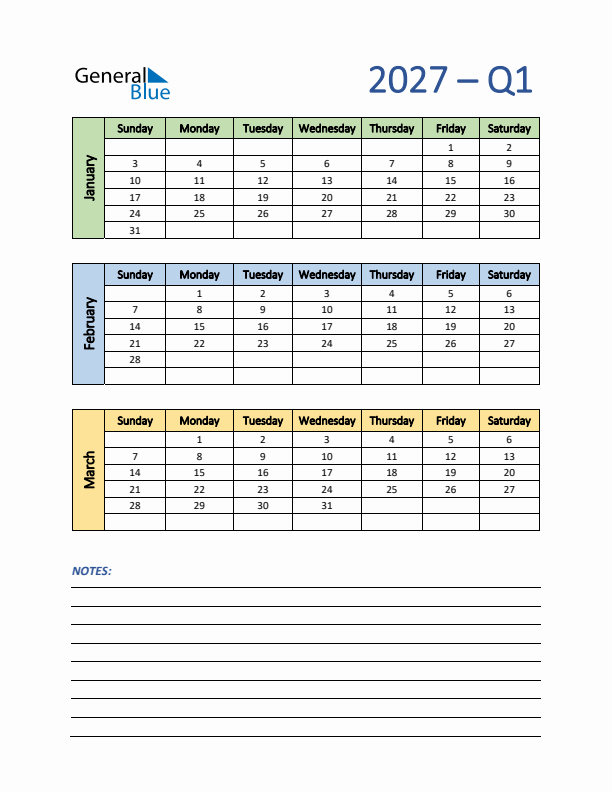 Three-Month Planner for Q1 2027