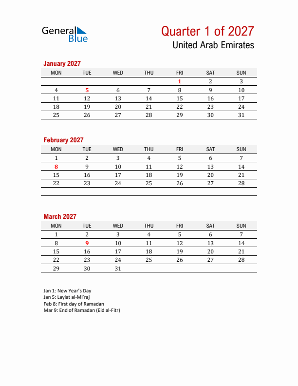 Printable Three Month Calendar with United Arab Emirates Holidays