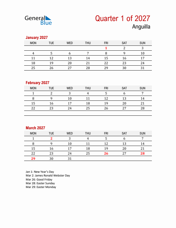 Printable Three Month Calendar with Anguilla Holidays