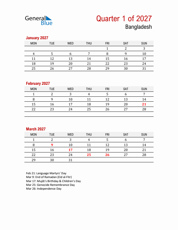 Printable Three Month Calendar with Bangladesh Holidays