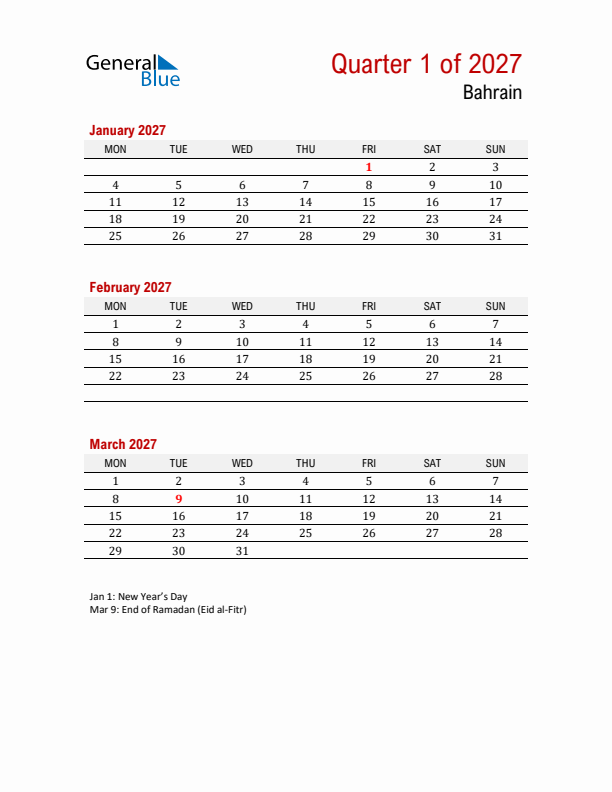 Printable Three Month Calendar with Bahrain Holidays