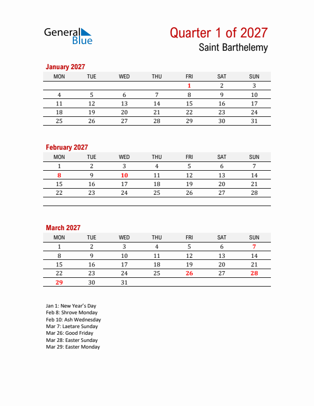 Printable Three Month Calendar with Saint Barthelemy Holidays