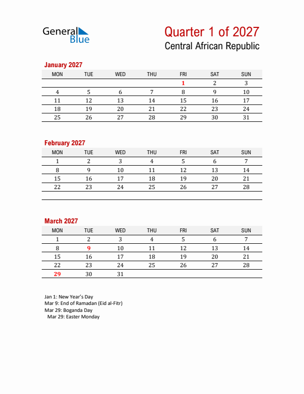 Printable Three Month Calendar with Central African Republic Holidays